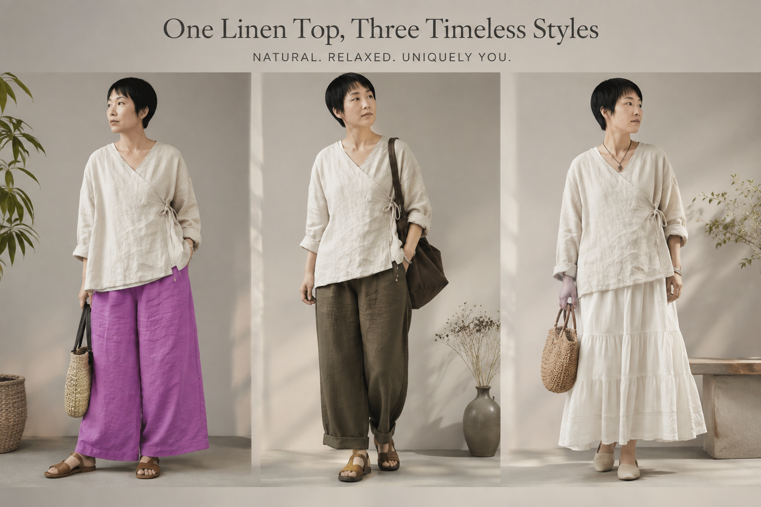 Woman over 40 wearing a white linen top styled in three different fall outfits: with purple wide-leg pants, dark green trousers with a shoulder bag, and a white tiered skirt with a woven handbag.
