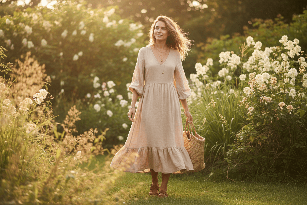 Woman wearing effortless linen outfit — boho style linen dress and jacket from Boho Littles Edit