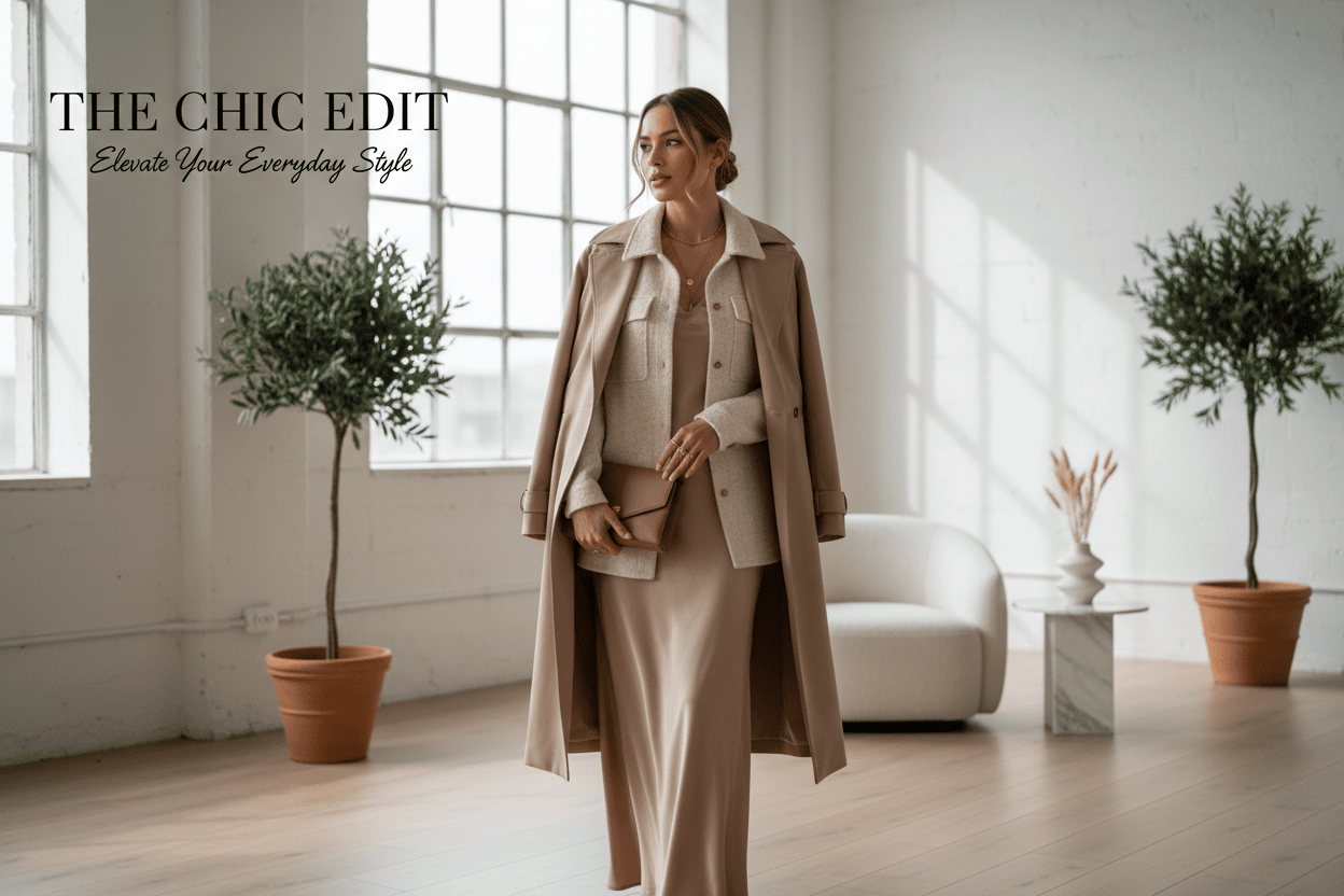 Woman in an elegant taupe monochrome outfit wearing a long tailored trench coat over a high-neck blouse and matching trousers, holding a leather clutch in a sunlit interior with olive trees.