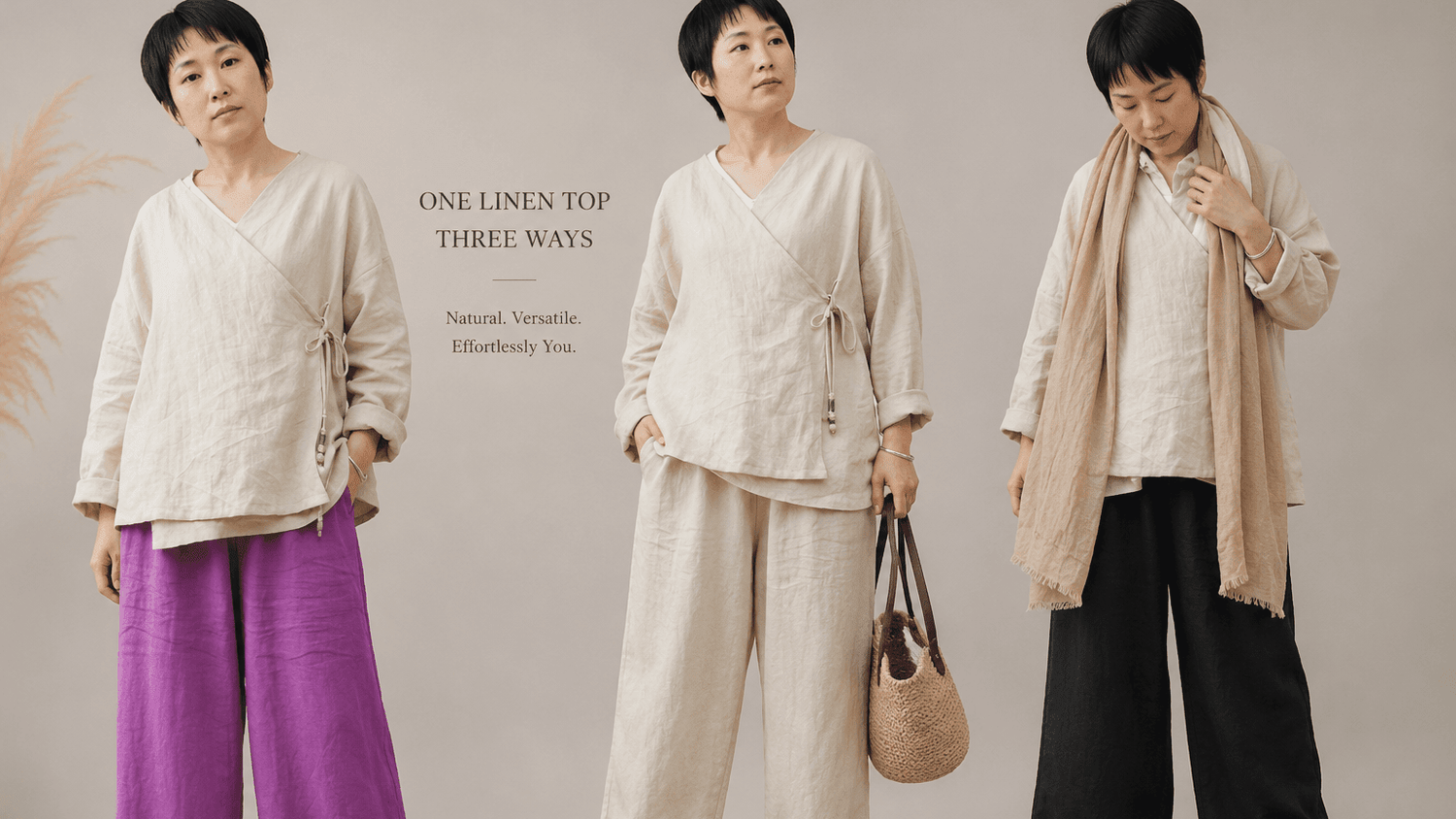 hree-panel collage showing a woman styling a long-sleeved cream linen blouse three ways: with bright purple wide-leg pants (left), matching cream wide-leg pants with a woven tote (middle), and black wide-leg pants