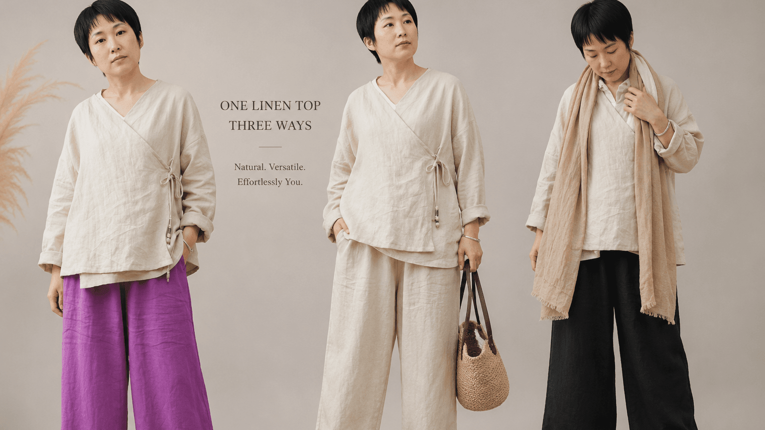 hree-panel collage showing a woman styling a long-sleeved cream linen blouse three ways: with bright purple wide-leg pants (left), matching cream wide-leg pants with a woven tote (middle), and black wide-leg pants