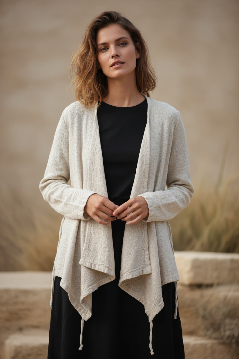 a women is wearing a linen srap blouse over black tee and a linen pant.