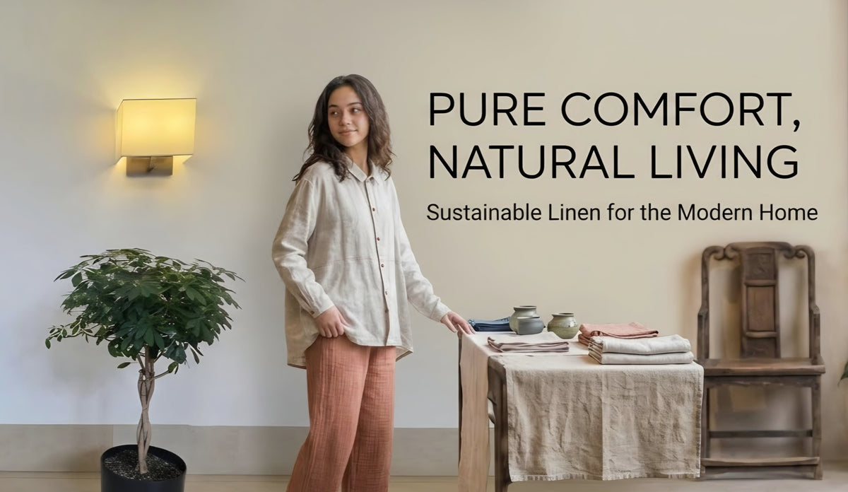 women is wearing a linen full sleeve shirt and linen pant.