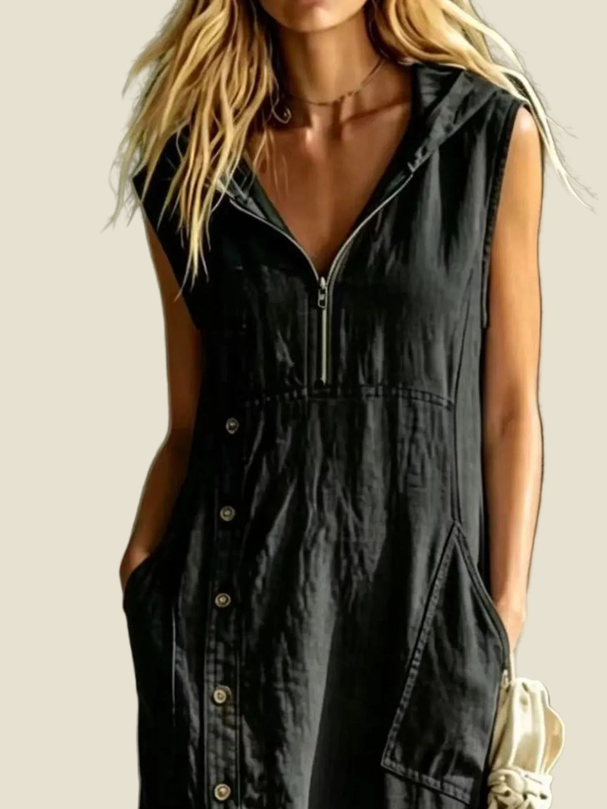 A woman wearing a sleeveless black hooded button-front dress with a front zipper and large patch pockets, photographed outdoors with greenery and a white fence in the background.