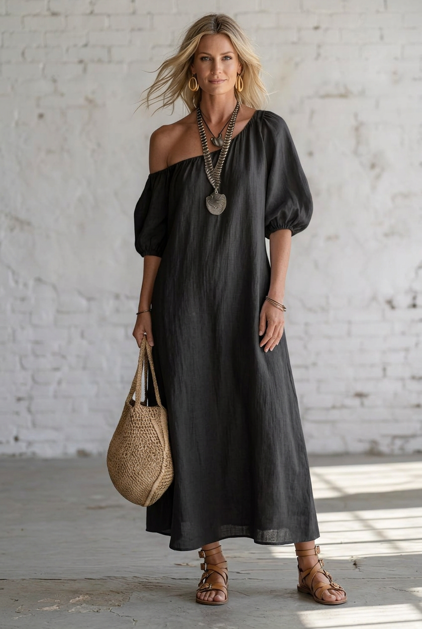A woman modeling a black off-the-shoulder midi dress with voluminous puff sleeves, holding a woven straw handbag, standing against a white brick wall.