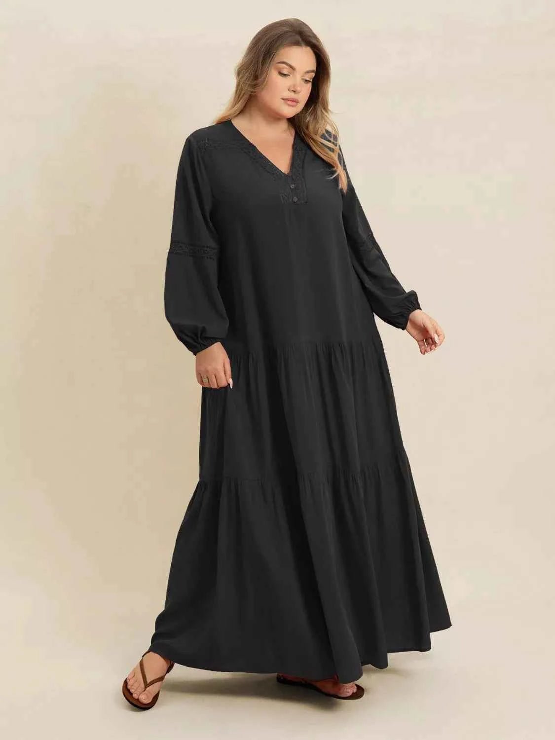 women_fashion - littlescollectionDressPlus Size Bohemian Tiered Maxi Dress with Balloon SleevesRusttydustty