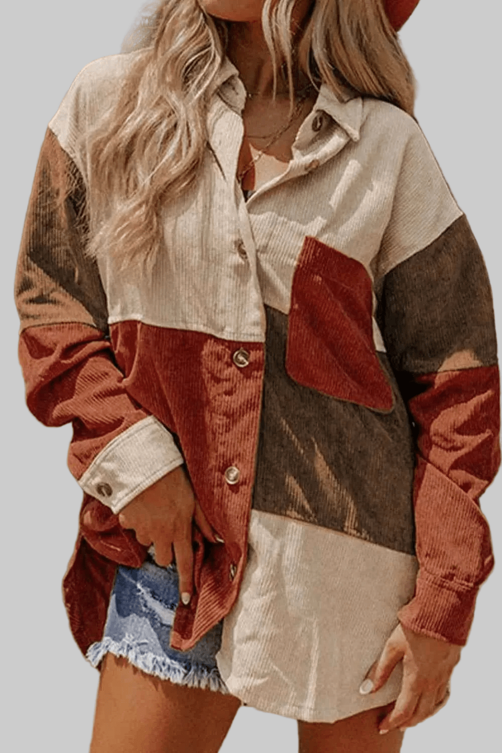 women_fashion - littlescollectionShacketColor Block Boho Curved Hem Corduroy Shacket with Pocketjacketswomen fashion