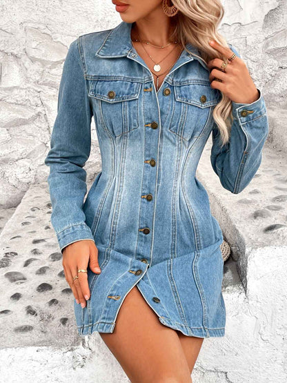 Pocketed Button Up Washed Denim Dress