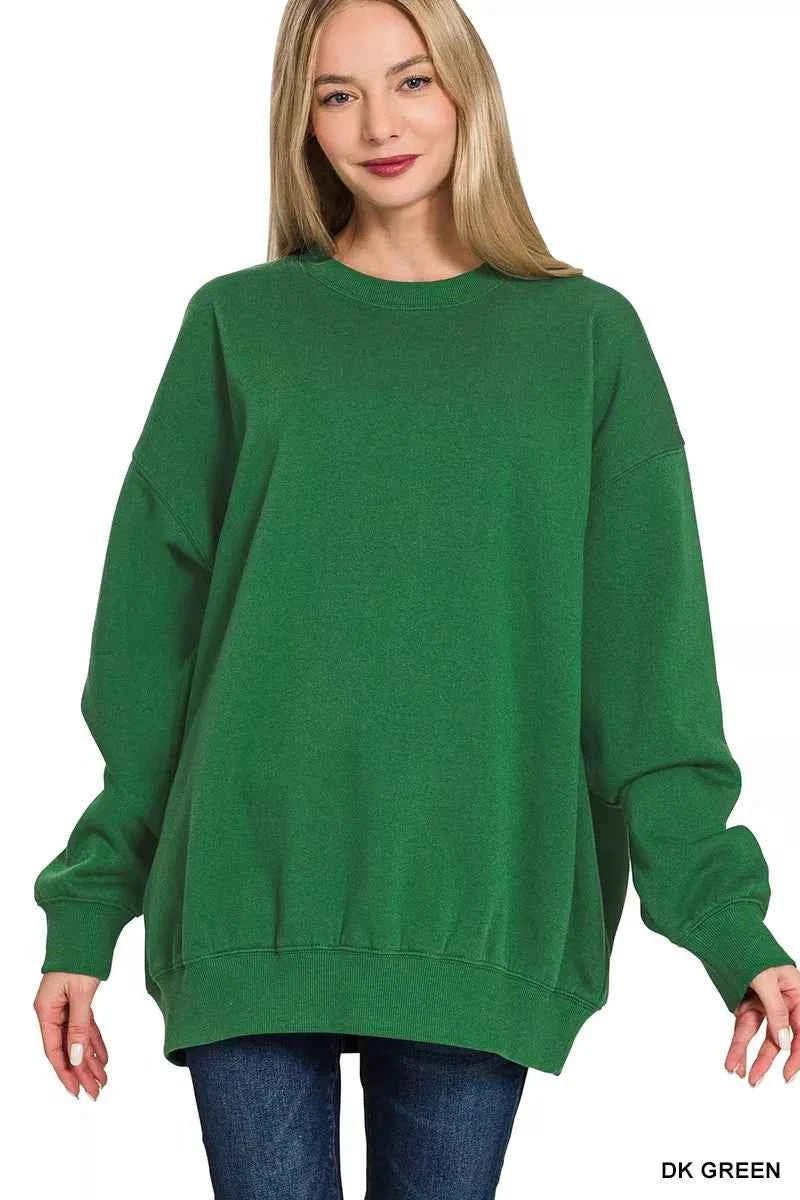 women_fashion - littlescollectionwomen sweaterGreen Oversized Round Neck Fleece Tunic Sweatshirt