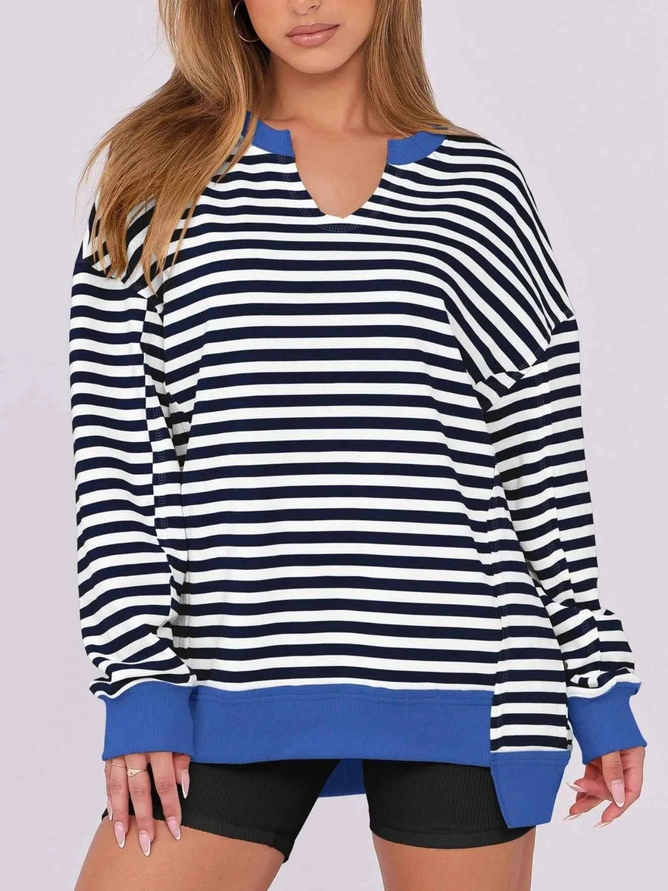 women_fashion - littlescollectionSweatshirt womenNotched Long Sleeve Oversized Contrast Trimming SweatshirtShip From Overseas