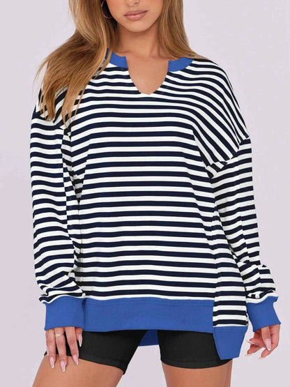 women_fashion - littlescollectionSweatshirt womenNotched Long Sleeve Oversized Contrast Trimming SweatshirtShip From Overseas