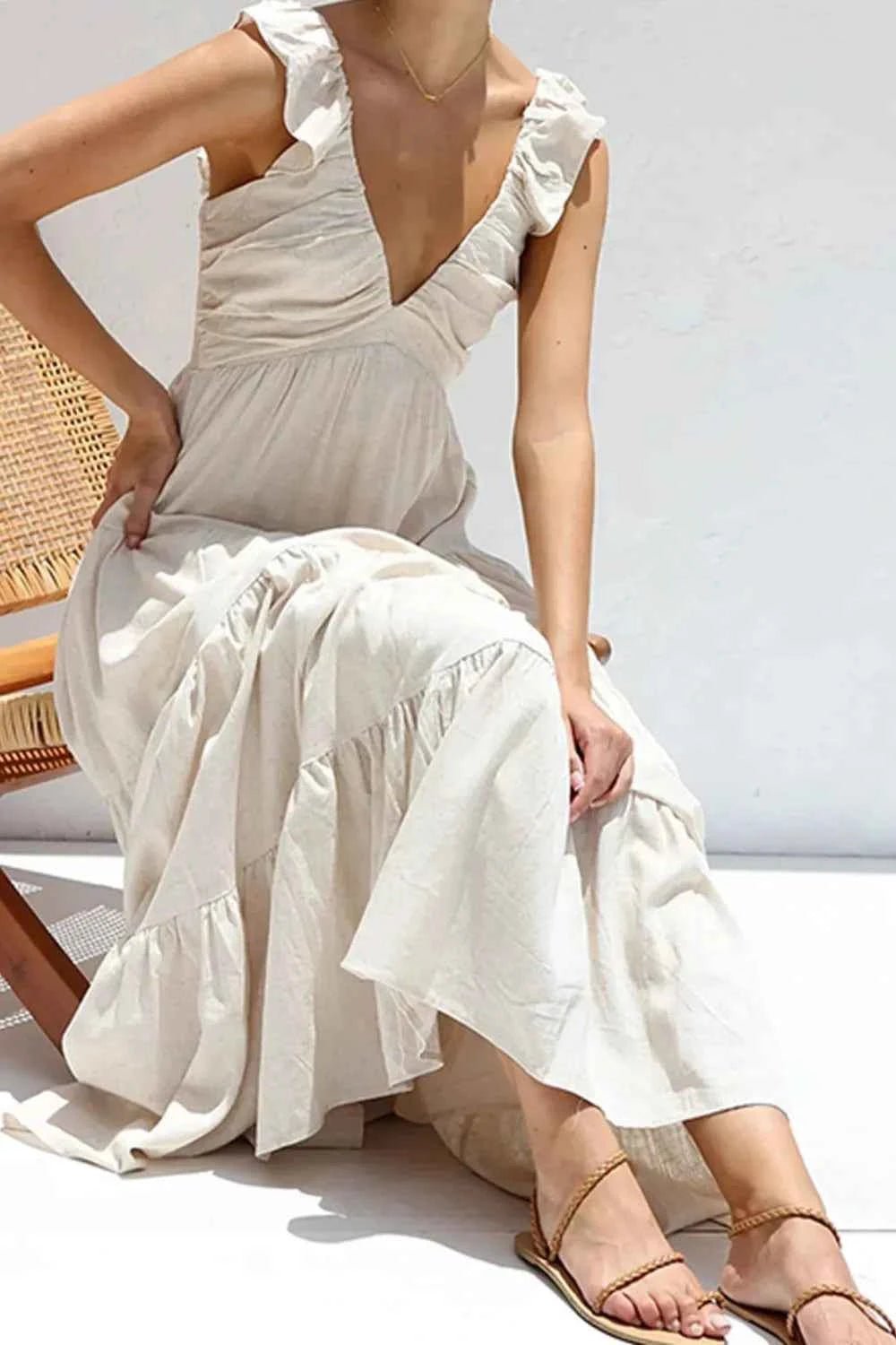 women_fashion - littlescollectionDressOff - White Cotton V - Neck Tiered Smoked Ruffled Long DressLinen long dresses
