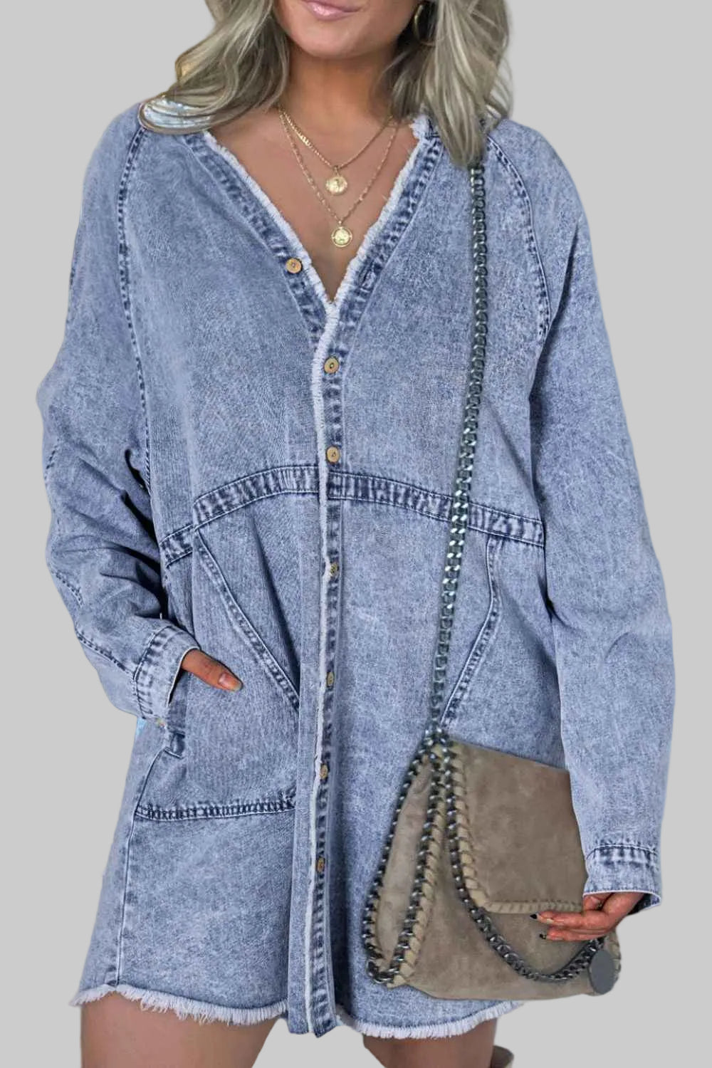 Raw Hem Long Sleeve Denim Cotton Dress