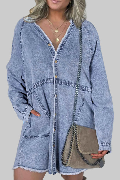 Raw Hem Long Sleeve Denim Cotton Dress