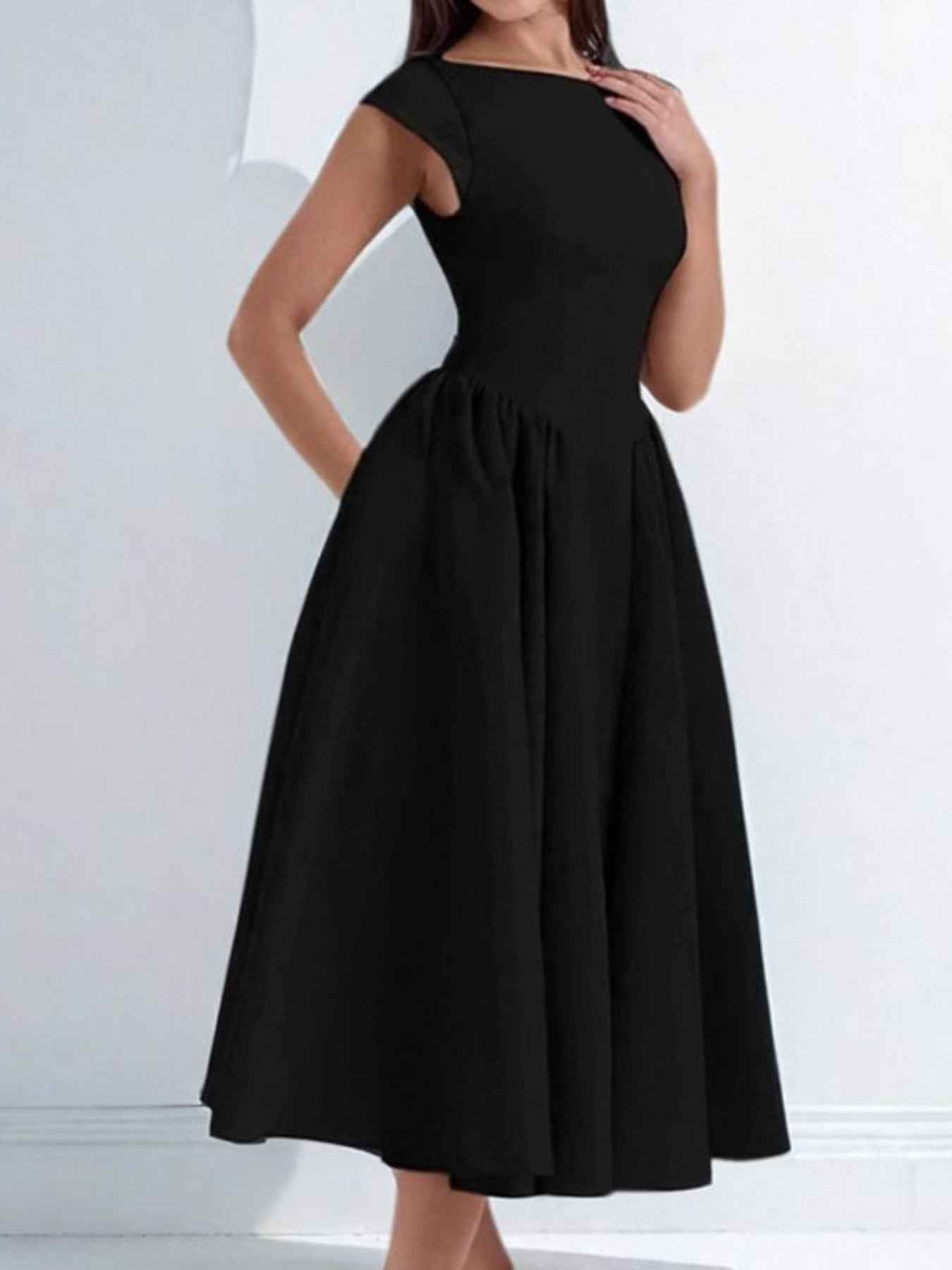 Backless A-Line Midi Dress Cap Sleeve Plus Size Women black
