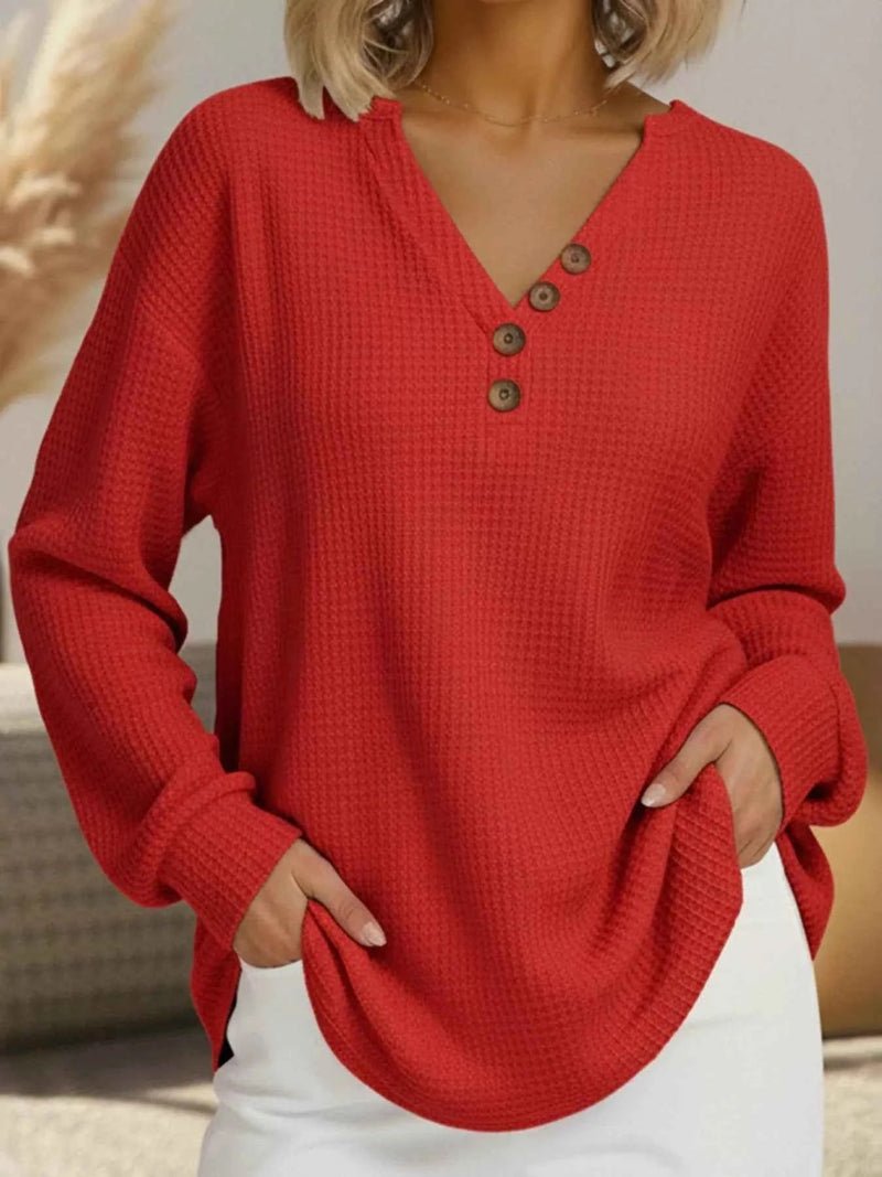 women_fashion - littlescollectionCasual Waffle Knit Long Sleeve T-Shirt Plus Size