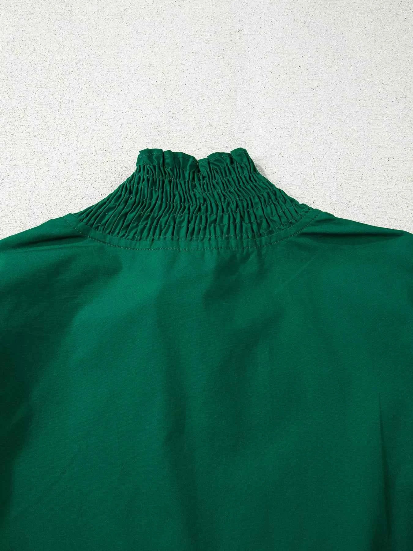 women_fashion - littlescollectionblousePuffy Flounce Sleeve Leopard Trim Green Cotton BlouseSYNZ