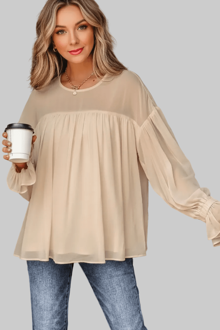 women_fashion - littlescollectionblouseRound Neck Ruffle Blouse Vintage Vibes Chic And Versatilerufflel sleeve blouse