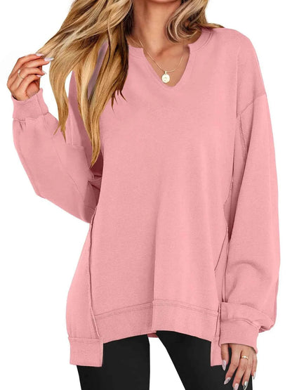 women_fashion - littlescollectionSweatshirt womenNotched Long Sleeve Oversized Contrast Trimming SweatshirtShip From Overseas