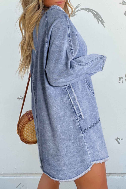 Raw Hem Long Sleeve Denim Cotton Dress