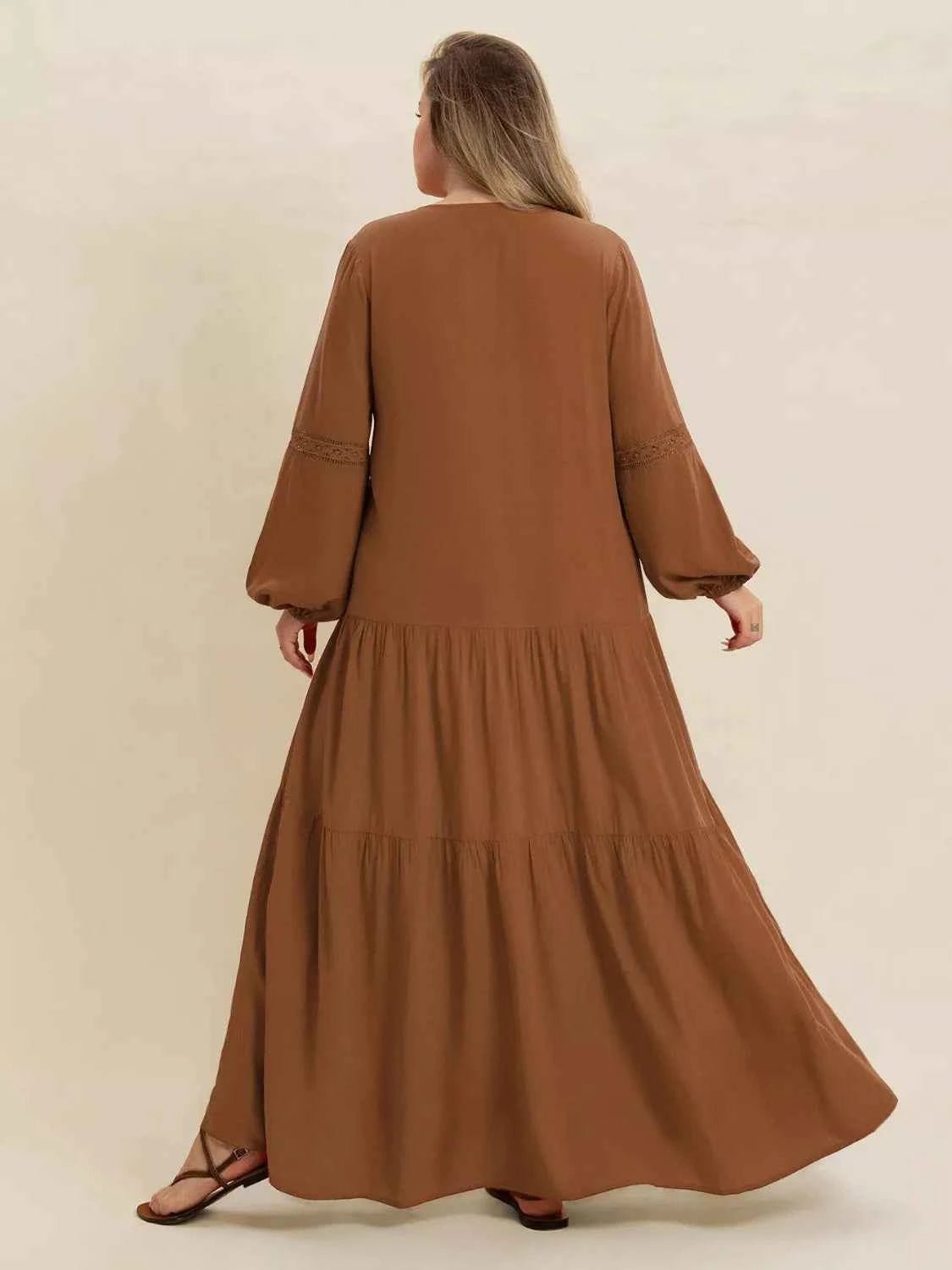 women_fashion - littlescollectionDressPlus Size Bohemian Tiered Maxi Dress with Balloon SleevesRusttydustty