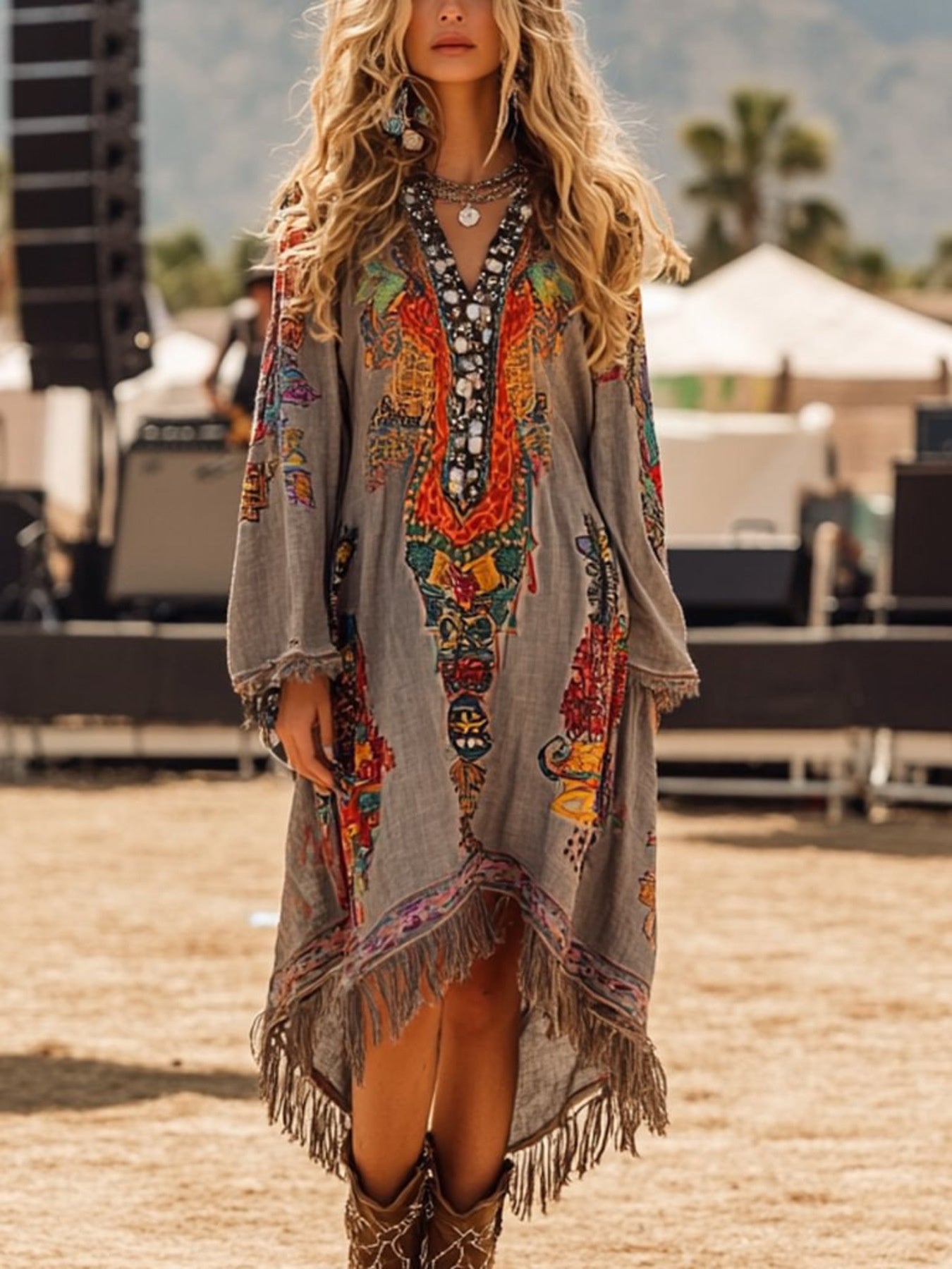 women_fashion - littlescollectionMidi dressFringe Hem Notched Long Sleeve Dress Womenboho luxe dress