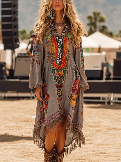 women_fashion - littlescollectionMidi dressFringe Hem Notched Long Sleeve Dress Womenboho luxe dress