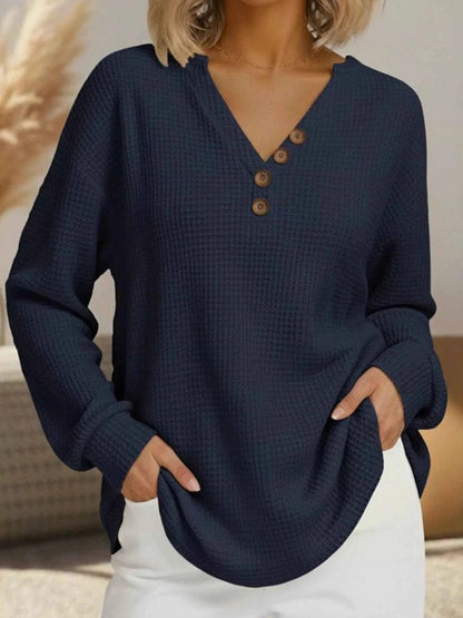 women_fashion - littlescollectionCasual Waffle Knit Long Sleeve T-Shirt Plus Size