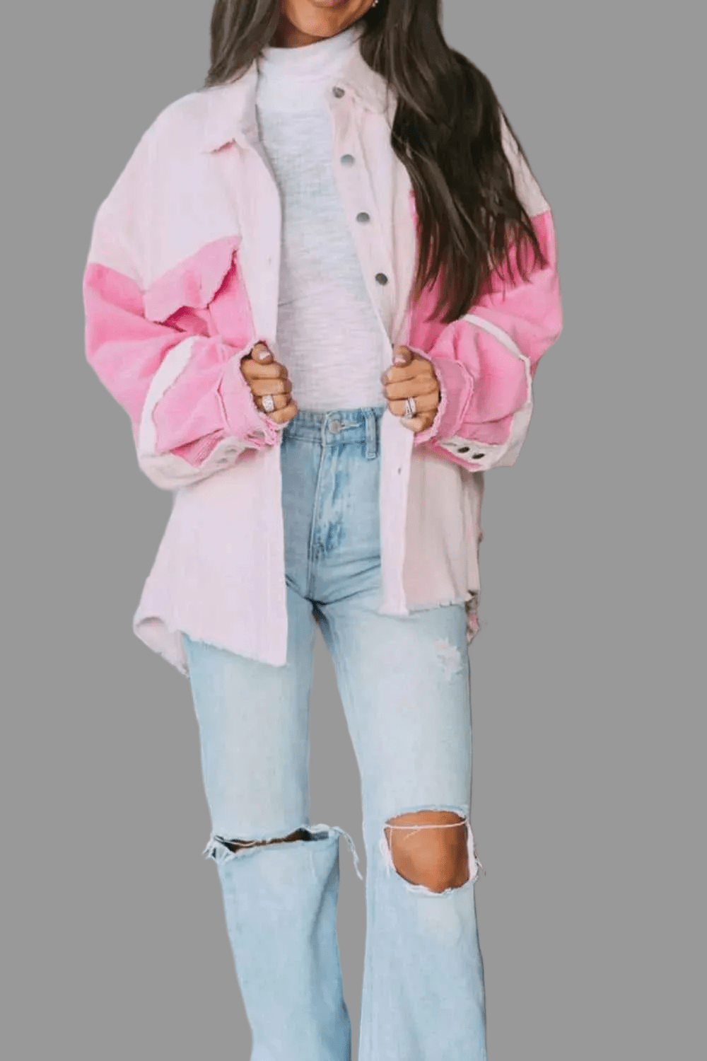 women_fashion - littlescollectionShacketTwo - tone Color Block Exposed Seam Corduroy Cotton Shacket