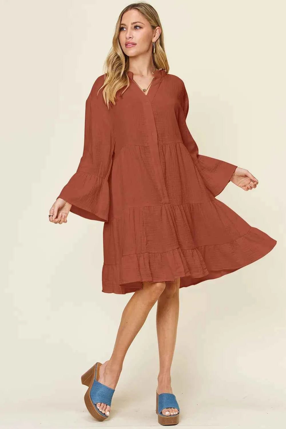 women_fashion - littlescollectionCotton dressTexture Button Up Ruffle Hem Cotton Dress Plus SizeBaggy dress cotton