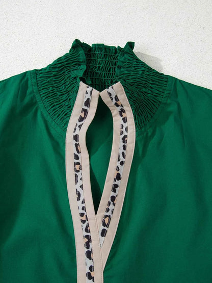 women_fashion - littlescollectionblousePuffy Flounce Sleeve Leopard Trim Green Cotton BlouseSYNZ