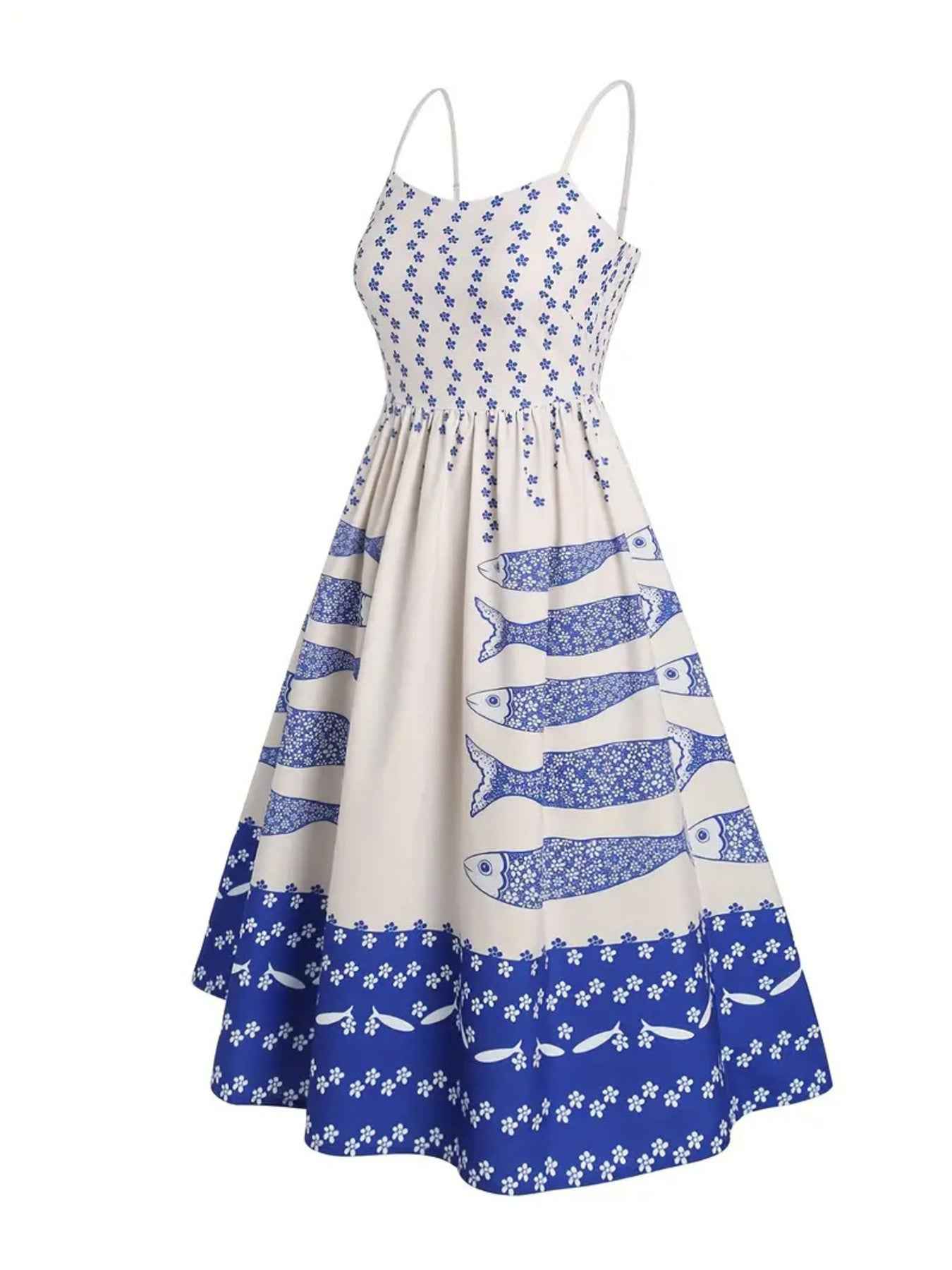 women_fashion - Sardine Print Spaghetti Strap Midi  Smocked Summer Dress midi dress