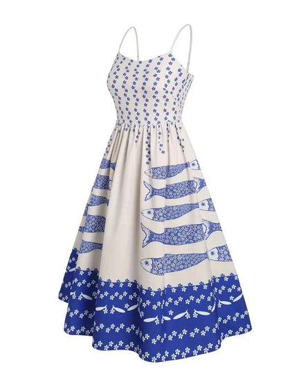 women_fashion - Sardine Print Spaghetti Strap Midi  Smocked Summer Dress midi dress