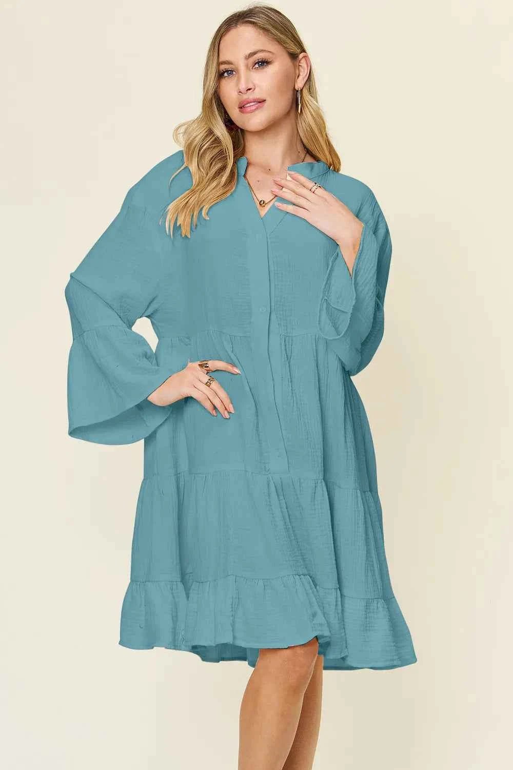 women_fashion - littlescollectionCotton dressTexture Button Up Ruffle Hem Cotton Dress Plus SizeBaggy dress cotton