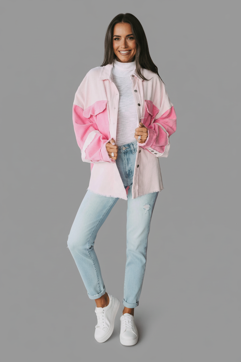 women_fashion - littlescollectionShacketTwo - tone Color Block Exposed Seam Corduroy Cotton Shacket