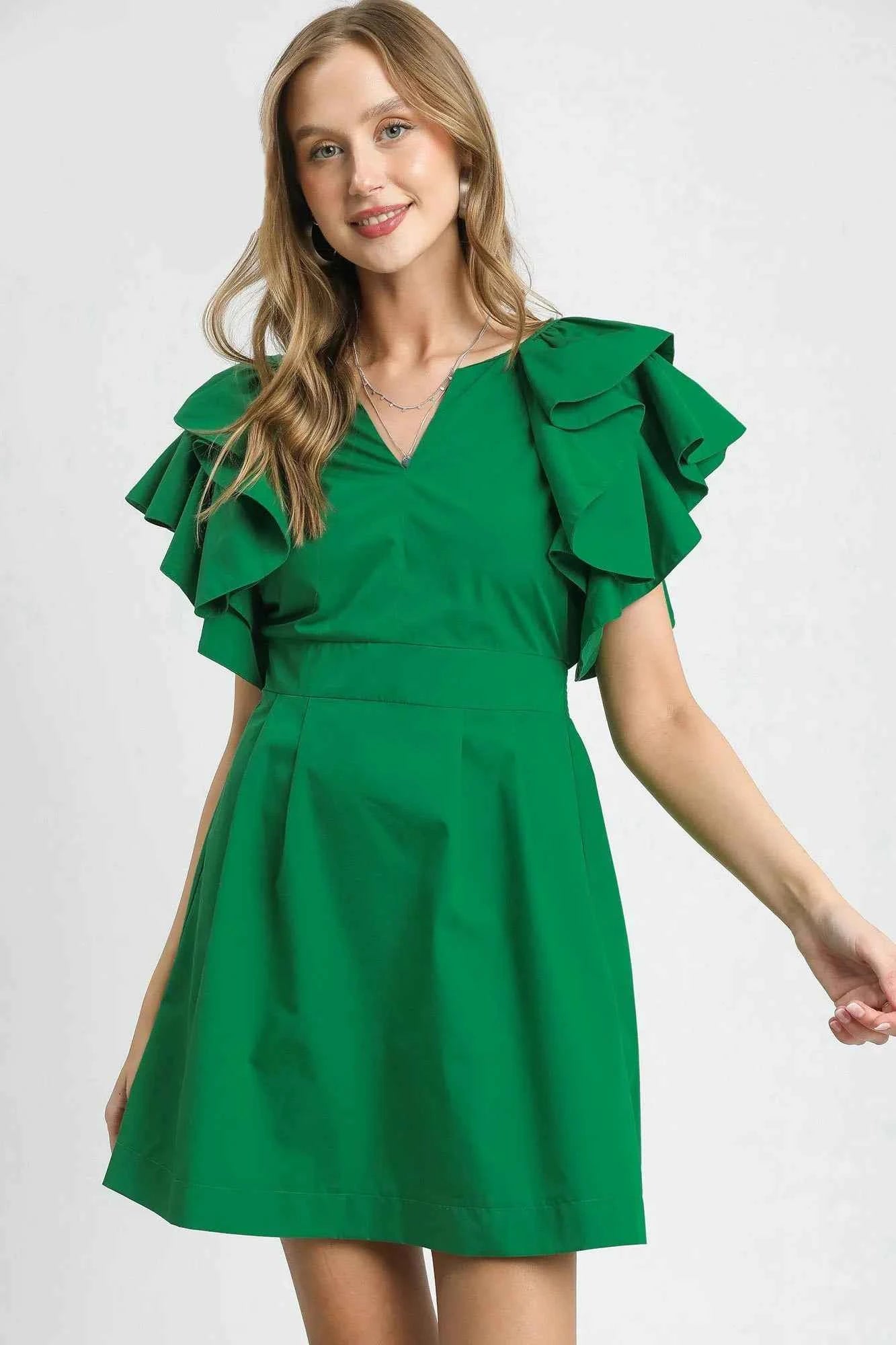 women_fashion - littlescollectionDressEmerald Green Double Ruffle Sleeve Fit and Flare Mini Dressmini dress near me
