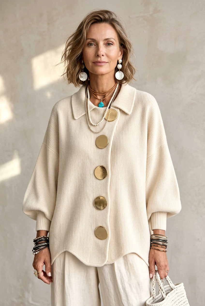 A person wearing an oversized cream ribbed knit cardigan with large round gold-tone buttons, paired with matching cream pants and layered pearl necklaces, against a softly lit neutral background.