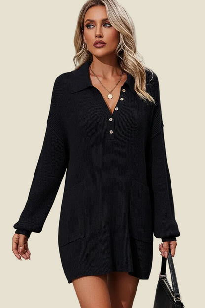 Collared Sweater Mini Dress with Pockets Women
