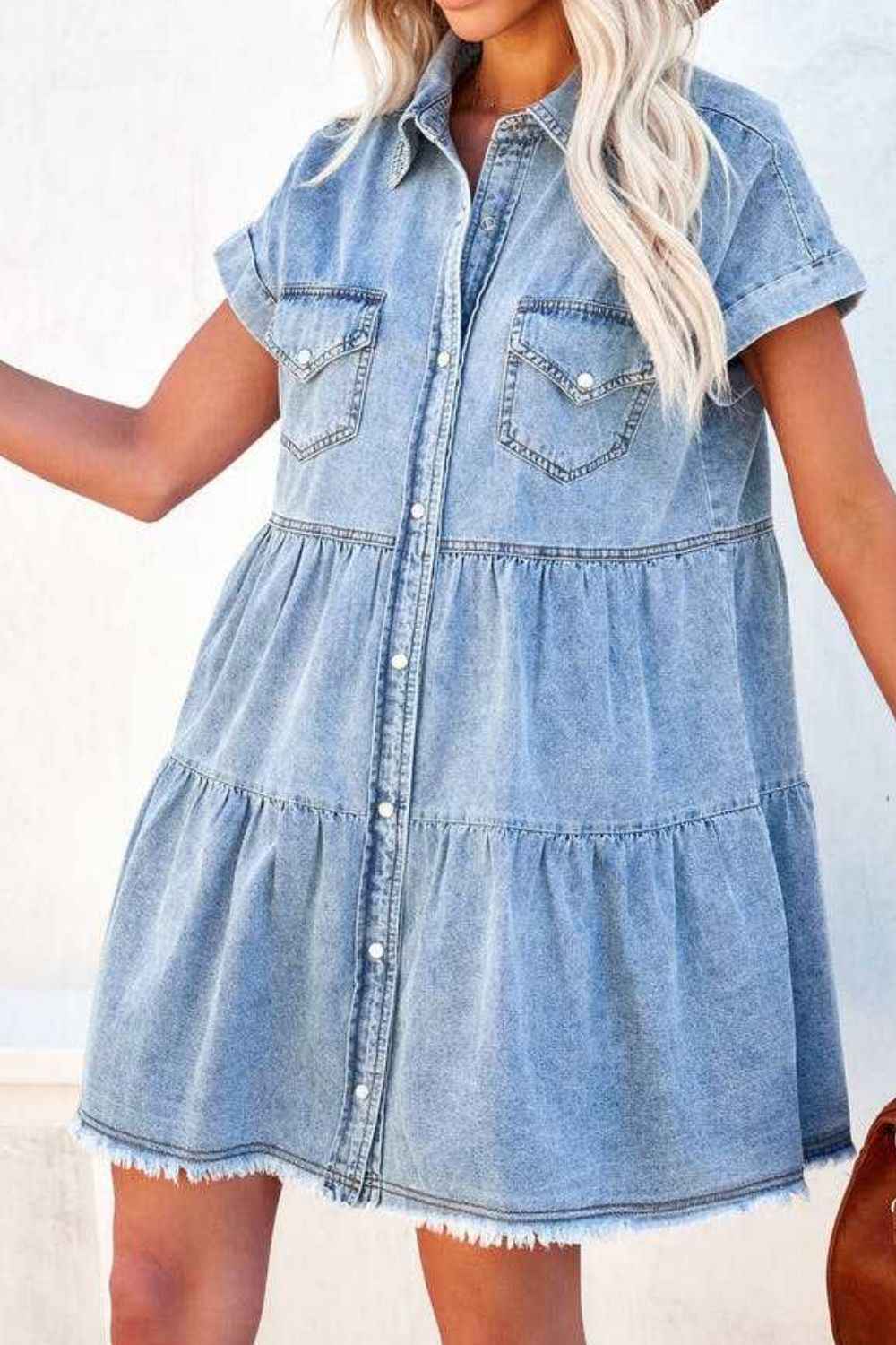 Raw Hem Frilled Cotton Denim Mini Dress