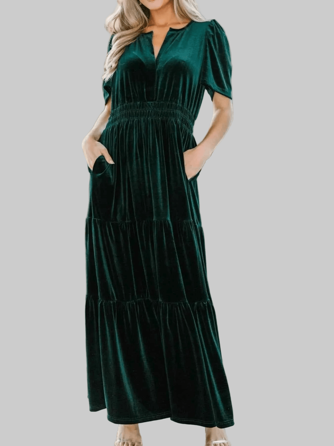 women_fashion - littlescollectionEvening GownVelvet Tiered Short Sleeve Maxi Dressevening gown
