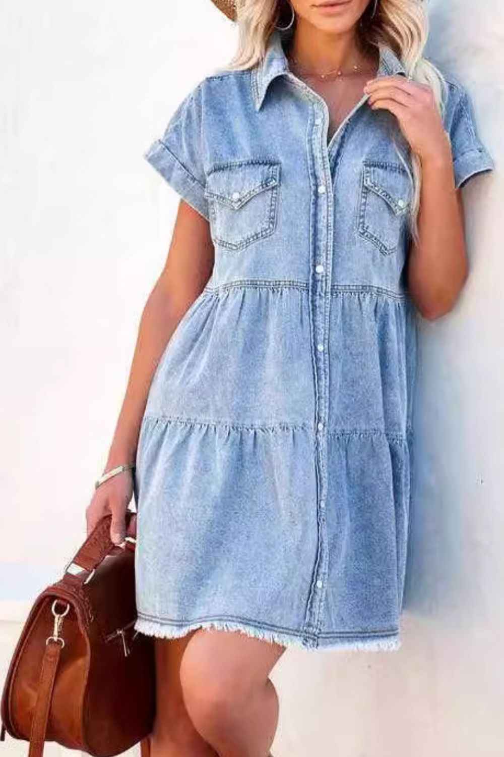 Raw Hem Frilled Cotton Denim Mini Dress