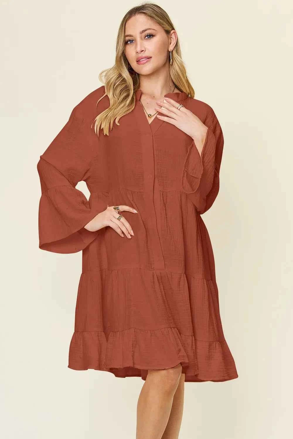 women_fashion - littlescollectionCotton dressTexture Button Up Ruffle Hem Cotton Dress Plus SizeBaggy dress cotton