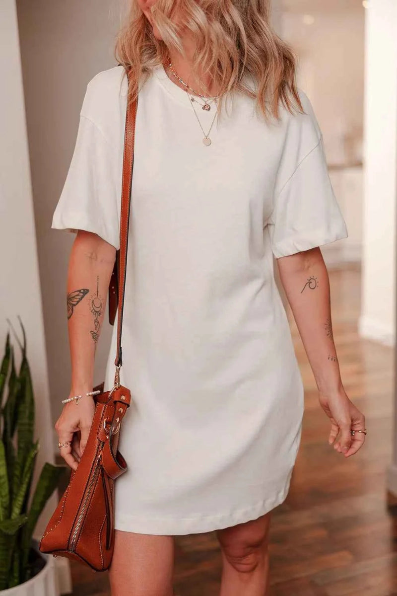 Drop Shoulder Crew Neck Shift T Shirt Dress