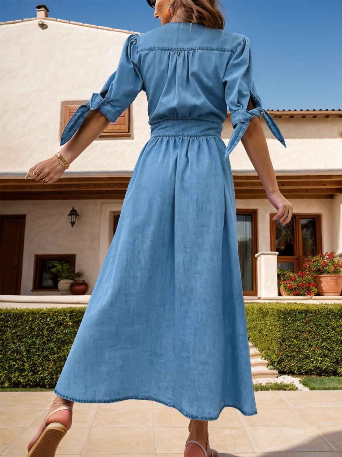 Plunge Tie Sleeve Denim Cotton Dress