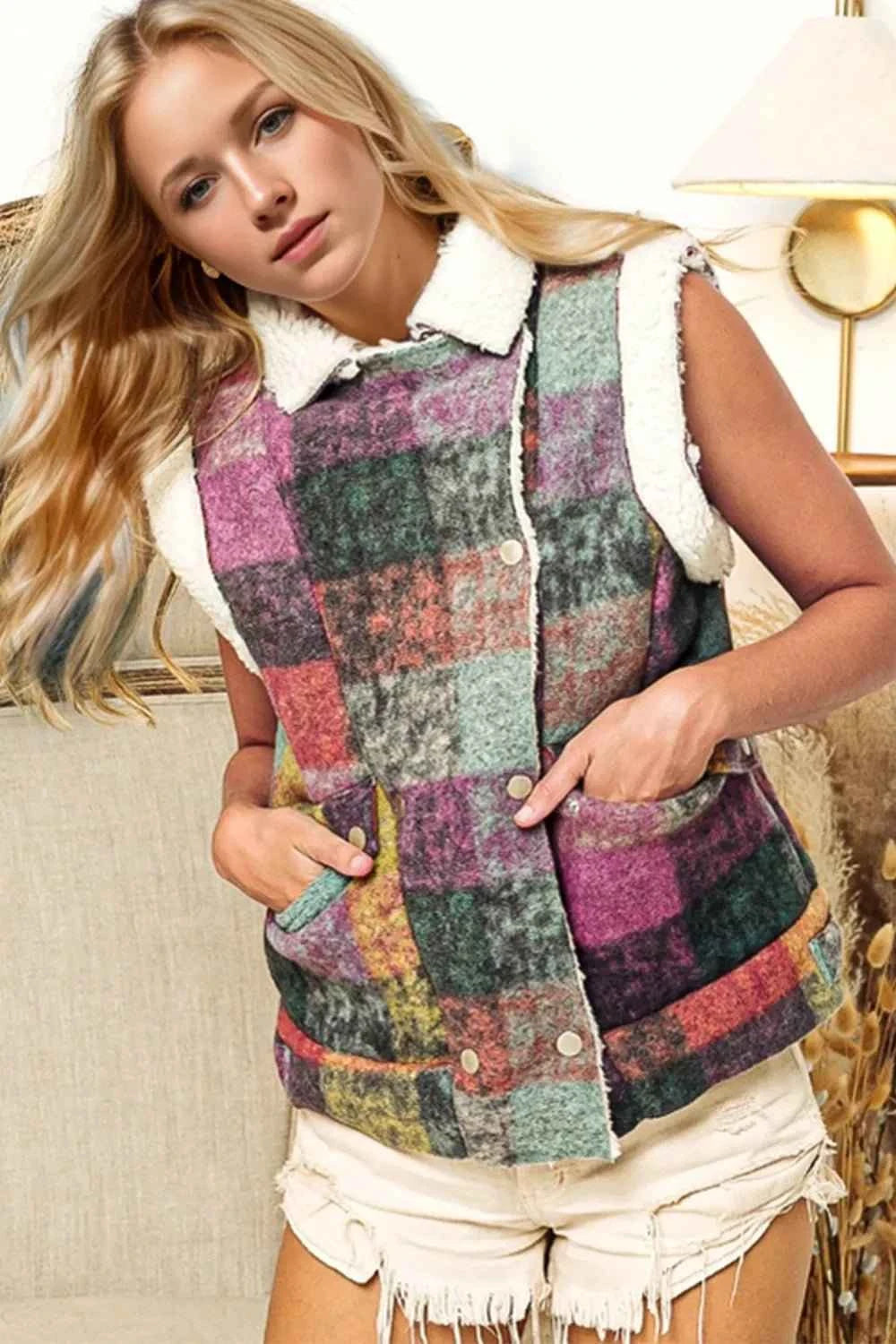 Snap Down Plaid Fleece Vest with Pockets