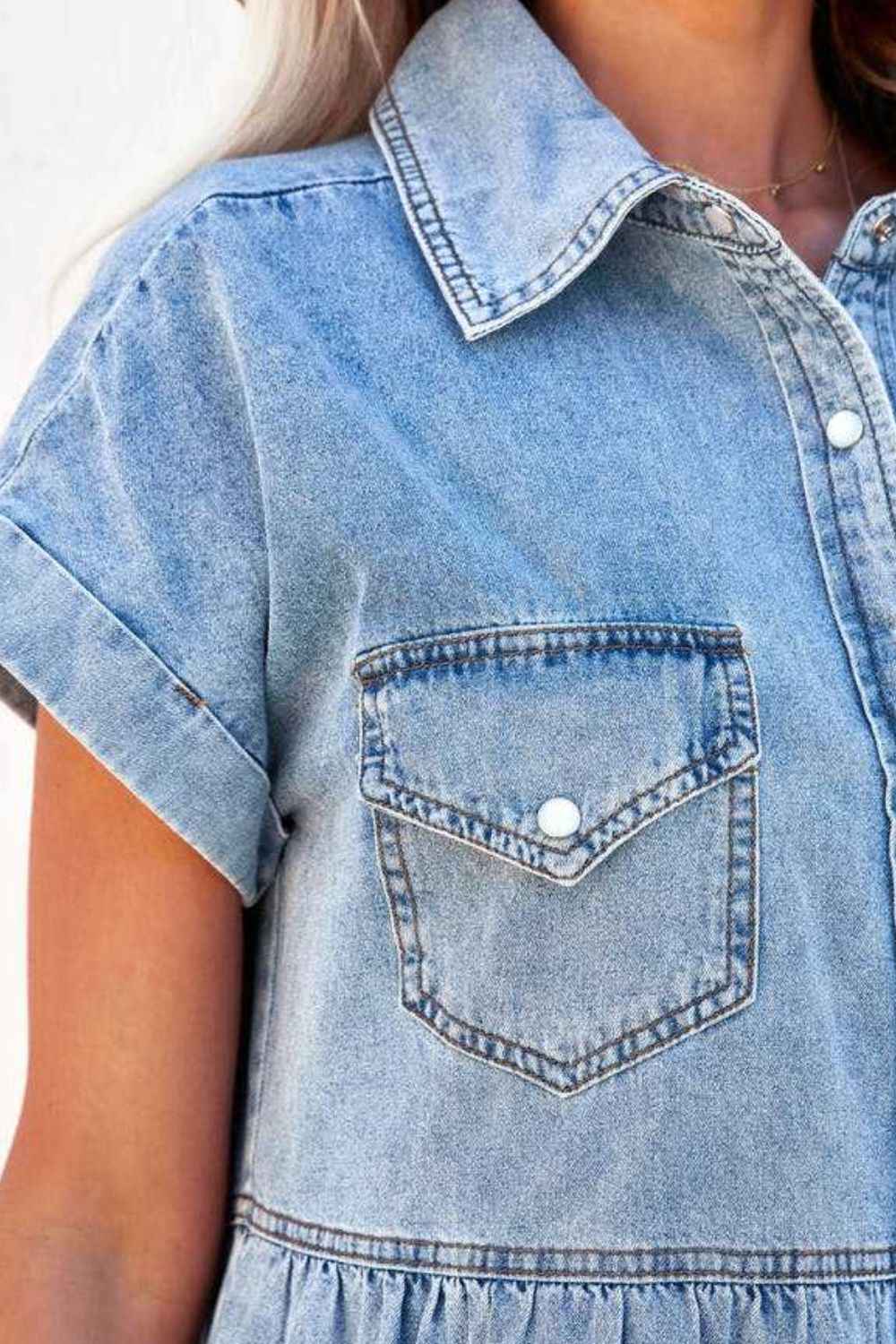 Raw Hem Frilled Cotton Denim Mini Dress
