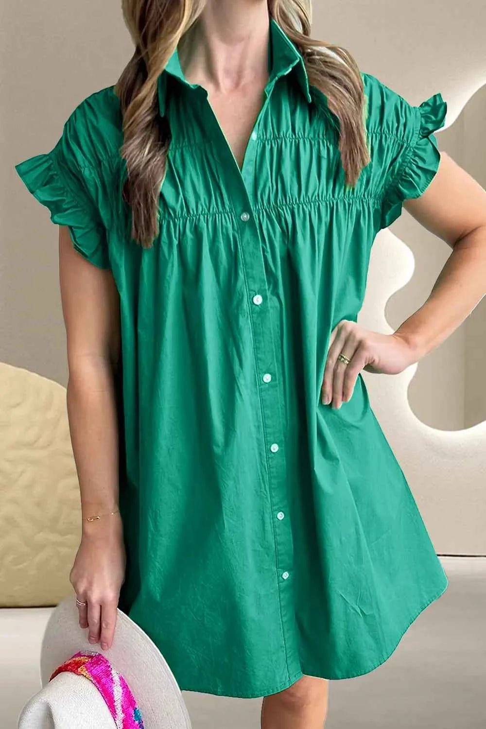 women_fashion - littlescollectionmini dressRuffled Flounce Sleeve Loose Cotton Mini Dresscotton mini dress