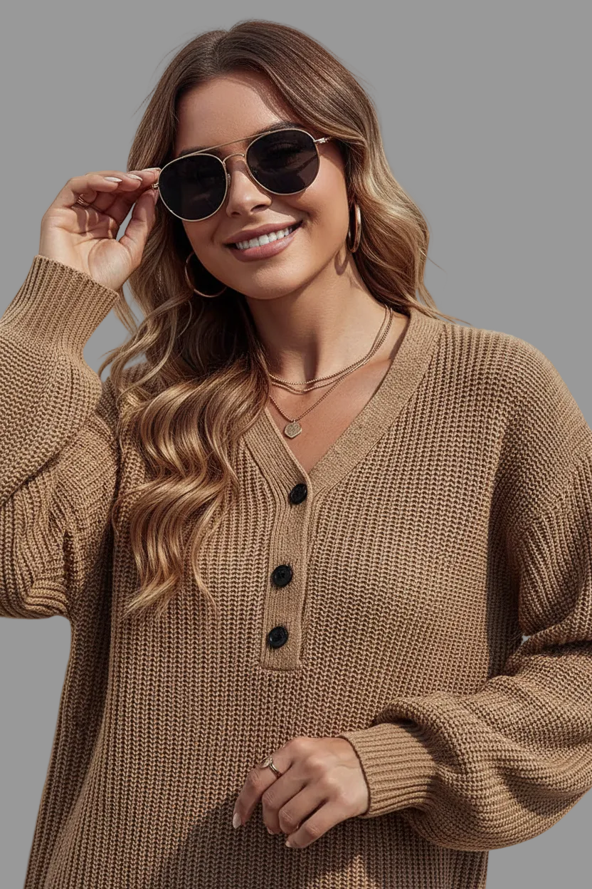 Woman wearing a brown sweater and sunglasses against a gray background
