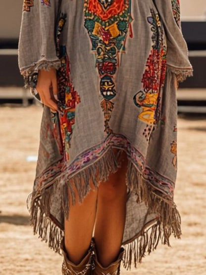 women_fashion - littlescollectionMidi dressFringe Hem Notched Long Sleeve Dress Womenboho luxe dress
