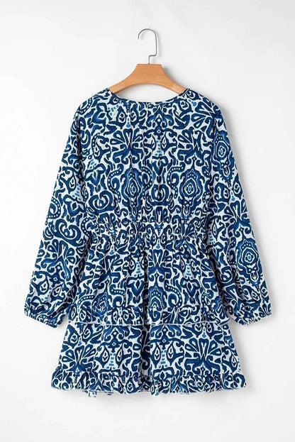 Printed Tie Neck Long Sleeve Dress